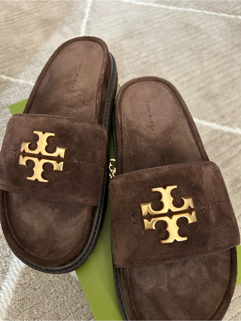 Tory Burch Brown Suede Slide Sandals with Gold Logo Accent - Picture 4 of 5